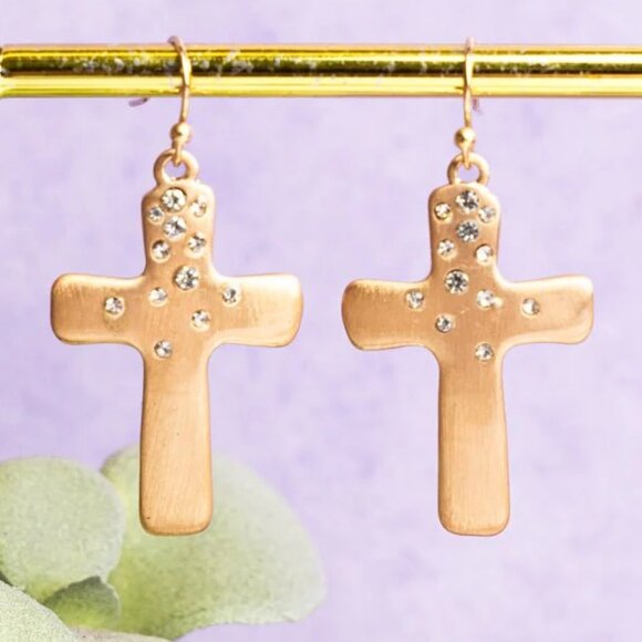 One Blessed Nana Jewelry - NWT  BOUTIQUE  SATIN GOLDTONE CRYSTAL CROSS EARRINGS